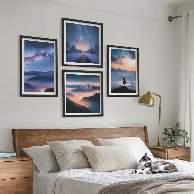 Komplet slika za spavaću sobu s motivom noćnog neba, planine, magle i jelena