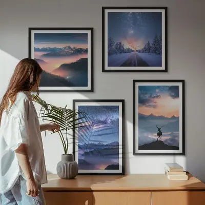 Komplet slika za spavaću sobu s motivom noćnog neba, planine, magle i jelena