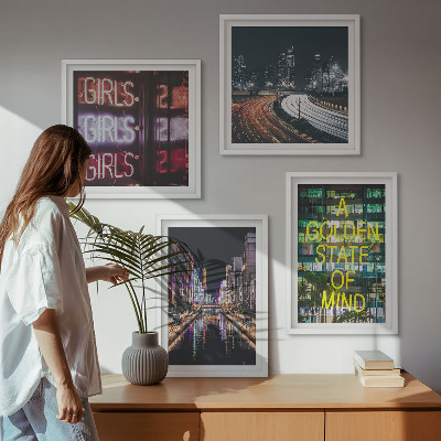 Set 4 slike u okviru Neonski znakovi u gradu noću