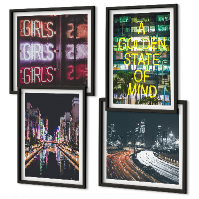 Set 4 slike u okviru Neonski znakovi u gradu noću