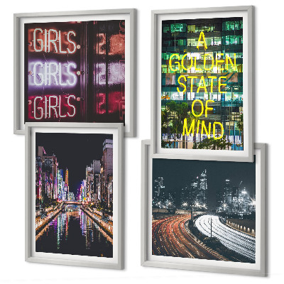 Set 4 slike u okviru Neonski znakovi u gradu noću