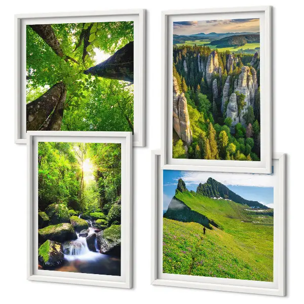Set od 4 slike u okviru zelene planine i šuma s vodopadom