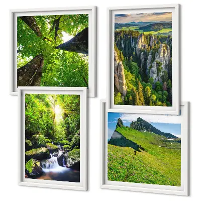 Set od 4 slike u okviru zelene planine i šuma s vodopadom