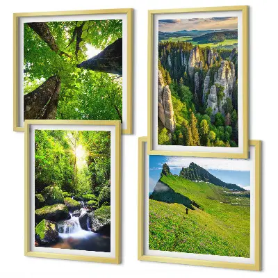 Set od 4 slike u okviru zelene planine i šuma s vodopadom