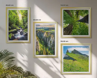 Set od 4 slike u okviru zelene planine i šuma s vodopadom