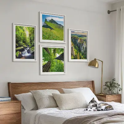 Set od 4 slike u okviru zelene planine i šuma s vodopadom