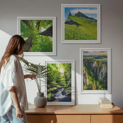 Set od 4 slike u okviru zelene planine i šuma s vodopadom