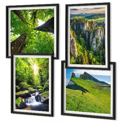 Set od 4 slike u okviru zelene planine i šuma s vodopadom