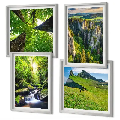 Set od 4 slike u okviru zelene planine i šuma s vodopadom