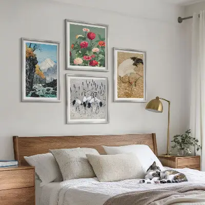 Set 4 slike u okviru motivi planine, rijeke, cvijeća i ždralova