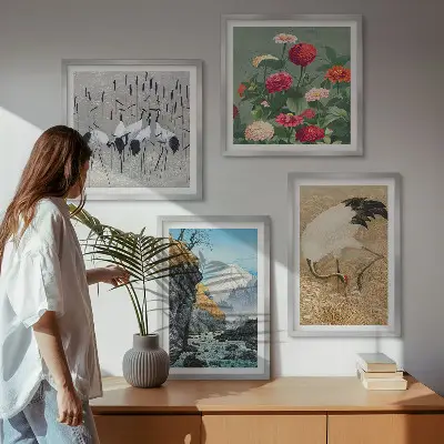 Set 4 slike u okviru motivi planine, rijeke, cvijeća i ždralova