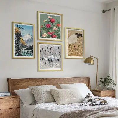 Set 4 slike u okviru motivi planine, rijeke, cvijeća i ždralova