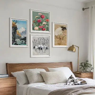 Set 4 slike u okviru motivi planine, rijeke, cvijeća i ždralova