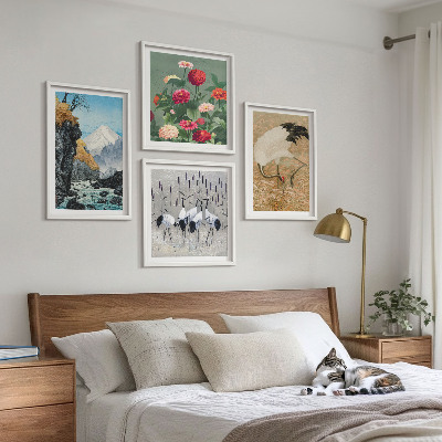 Set 4 slike u okviru Planine, rijeka, cvijeće, ždralovi