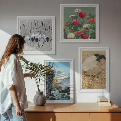 Set 4 slike u okviru motivi planine, rijeke, cvijeća i ždralova