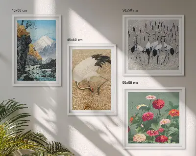 Set 4 slike u okviru motivi planine, rijeke, cvijeća i ždralova