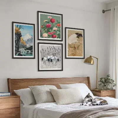 Set 4 slike u okviru motivi planine, rijeke, cvijeća i ždralova