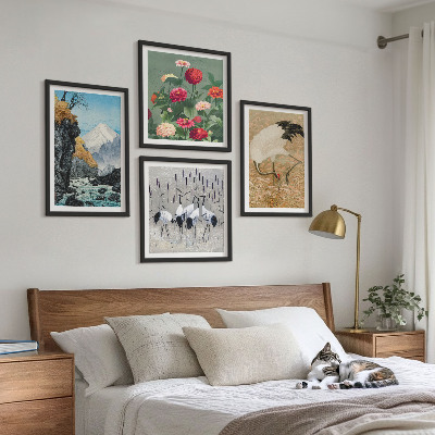 Set 4 slike u okviru Planine, rijeka, cvijeće, ždralovi