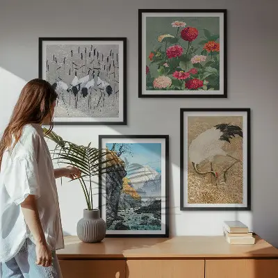 Set 4 slike u okviru motivi planine, rijeke, cvijeća i ždralova