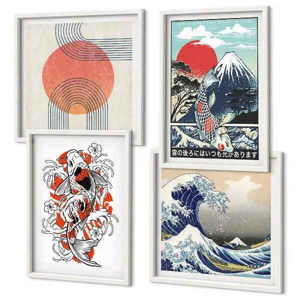 Komplet slika za spavaću sobu ilustracije s motivom japanskih planina i valova