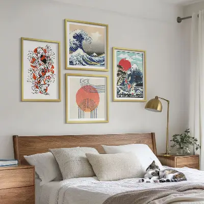 Komplet slika za spavaću sobu ilustracije s motivom japanskih planina i valova