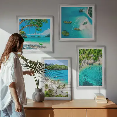 Set od 4 slike u okviru plaže, palme i kristalna voda