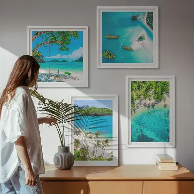 Set od 4 slike u okviru plaže, palme i kristalna voda