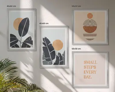 Set od 4 slike u okviru biljni uzorci s motivom velikog minimalističkog sunca