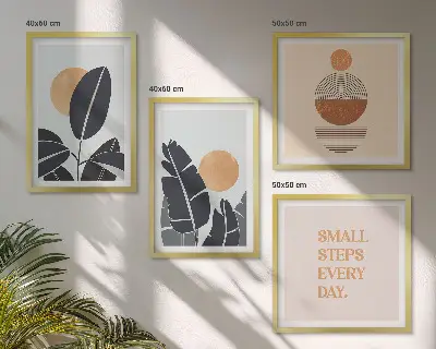 Set od 4 slike u okviru biljni uzorci s motivom velikog minimalističkog sunca