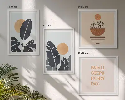 Set od 4 slike u okviru biljni uzorci s motivom velikog minimalističkog sunca