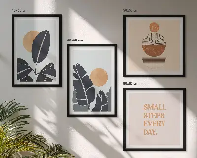 Set od 4 slike u okviru biljni uzorci s motivom velikog minimalističkog sunca