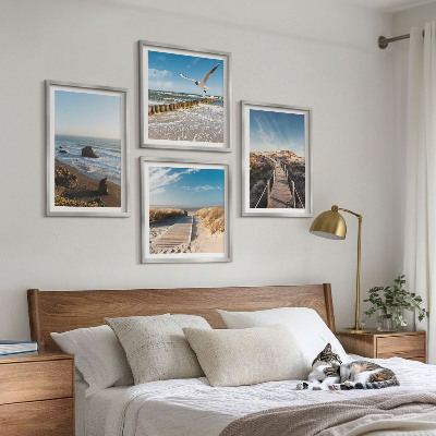 Set 4 slike u okviru plaža valovi nebo mol šetnja