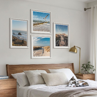 Set 4 slike u okviru plaža valovi nebo mol šetnja