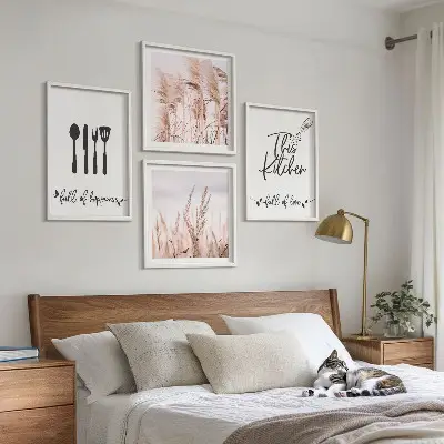 Komplet slika za spavaću sobu s natpisom u boho stilu s motivom trave za kuhinju