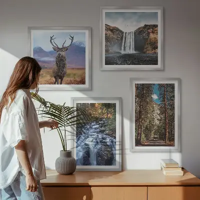 Komplet slika za spavaću sobu s motivom vodopada, šume, planine i jelena u prirodi