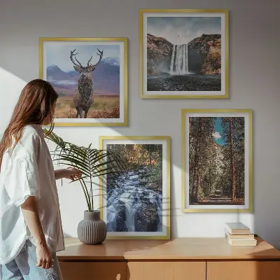 Komplet slika za spavaću sobu s motivom vodopada, šume, planine i jelena u prirodi