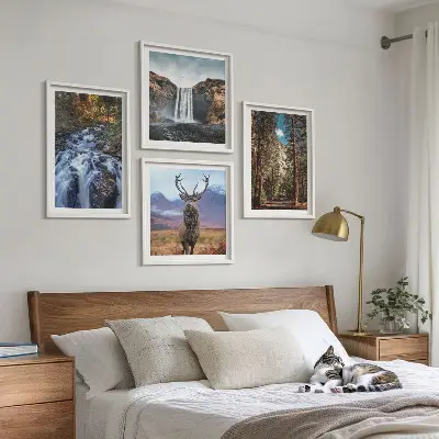 Komplet slika za spavaću sobu s motivom vodopada, šume, planine i jelena u prirodi