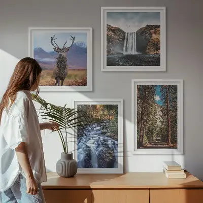 Komplet slika za spavaću sobu s motivom vodopada, šume, planine i jelena u prirodi