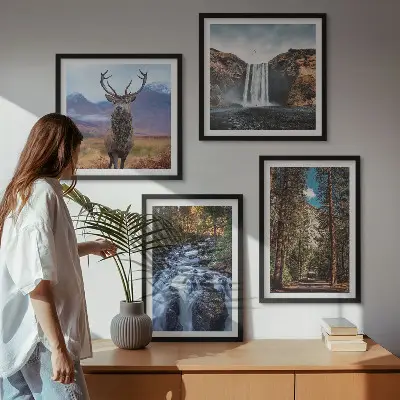 Komplet slika za spavaću sobu s motivom vodopada, šume, planine i jelena u prirodi