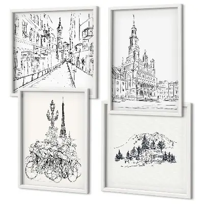 Set od 4 slike s motivom gradskih pogleda minimalistički crteži u okviru