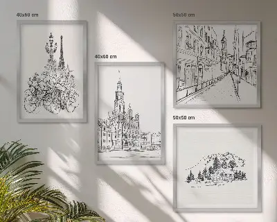 Set od 4 slike s motivom gradskih pogleda minimalistički crteži u okviru