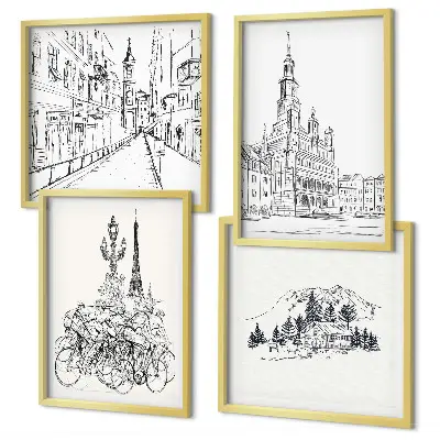 Set od 4 slike s motivom gradskih pogleda minimalistički crteži u okviru