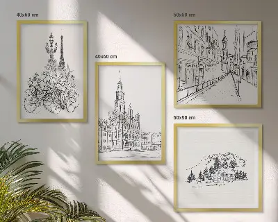 Set od 4 slike s motivom gradskih pogleda minimalistički crteži u okviru