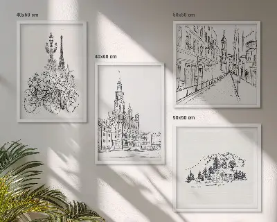 Set od 4 slike s motivom gradskih pogleda minimalistički crteži u okviru