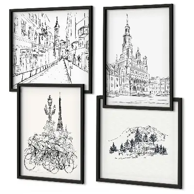 Set od 4 slike s motivom gradskih pogleda minimalistički crteži u okviru