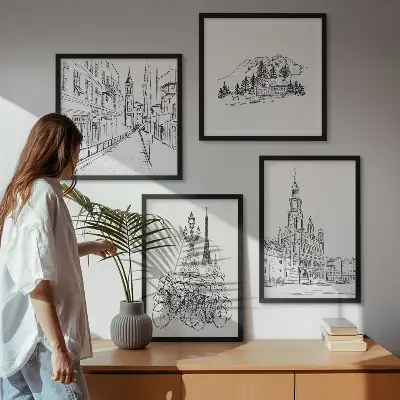 Set od 4 slike s motivom gradskih pogleda minimalistički crteži u okviru