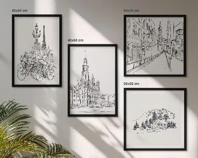 Set od 4 slike s motivom gradskih pogleda minimalistički crteži u okviru