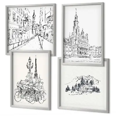 Set od 4 slike s motivom gradskih pogleda minimalistički crteži u okviru