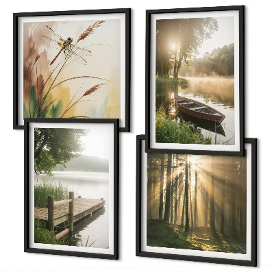 Set 4 slike u okviru Jezero, šuma, brod, jutarnja magla