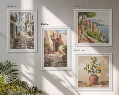 Dekorativni komplet zidnih slika s motivima ulica, kuća i biljaka u loncima